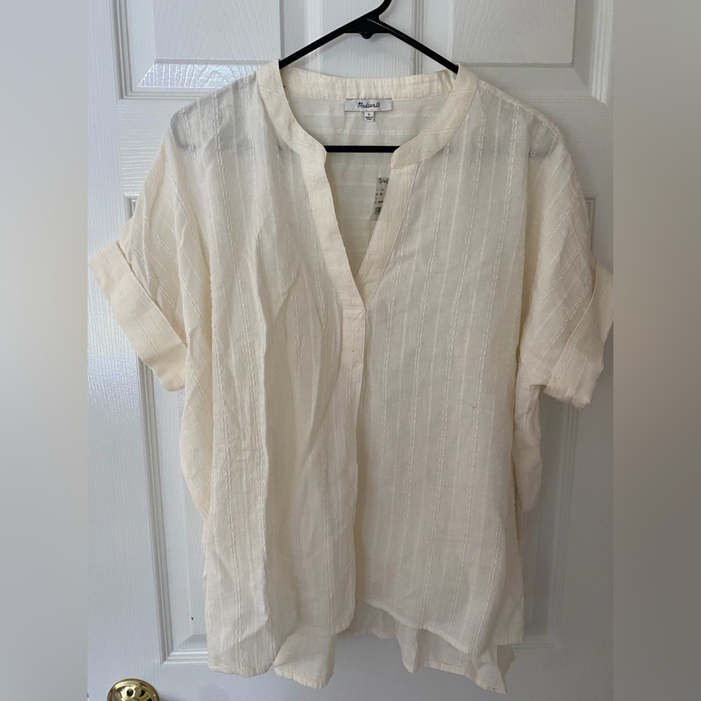 NWT Madewell Lakeline Popover Shirt in Clip-Stripe (Cream with Texture) Size L